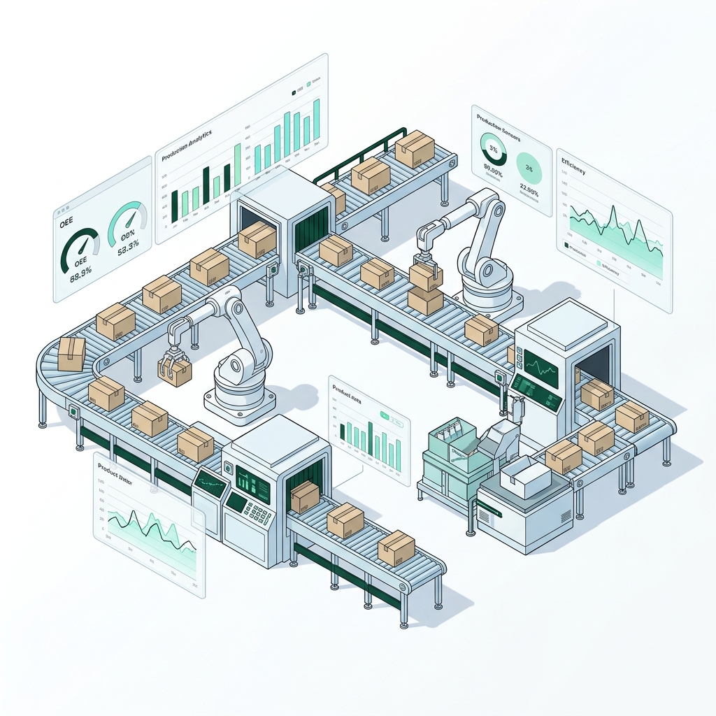 Zedral smart factory — isometric illustration of conveyor belts, robotic arms, analytics dashboards, and OEE indicators
